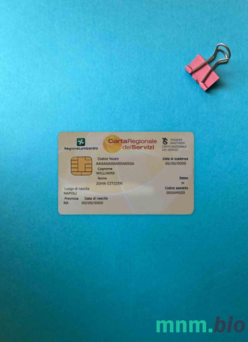 Włochy karta ubezpieczenia zdrowotnego (Tessera Sanitaria) Carta Regionale dei Servizi – wygląd fotograficzny, wygląd skanu + realistyczny obraz, 2 w 1